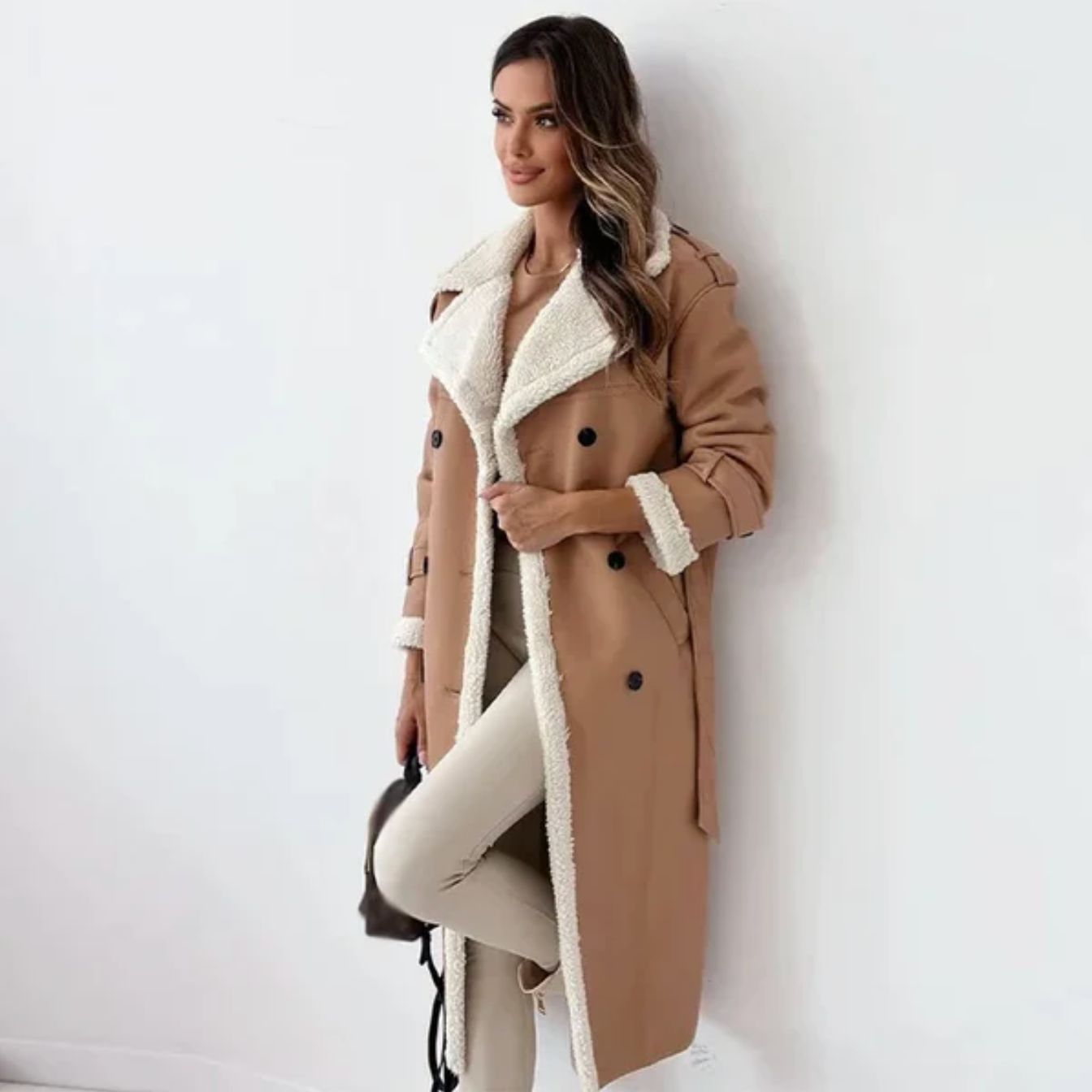 Abrigo largo clásico con cuello estilo teddy para mujer