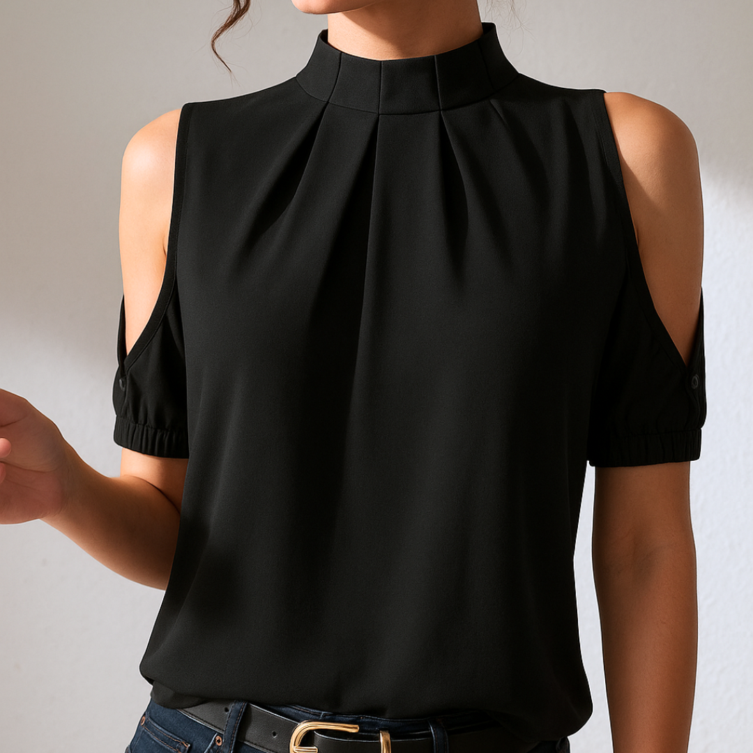 Inge™ | Blusa Negra Plisada con Mangas Abiertas
