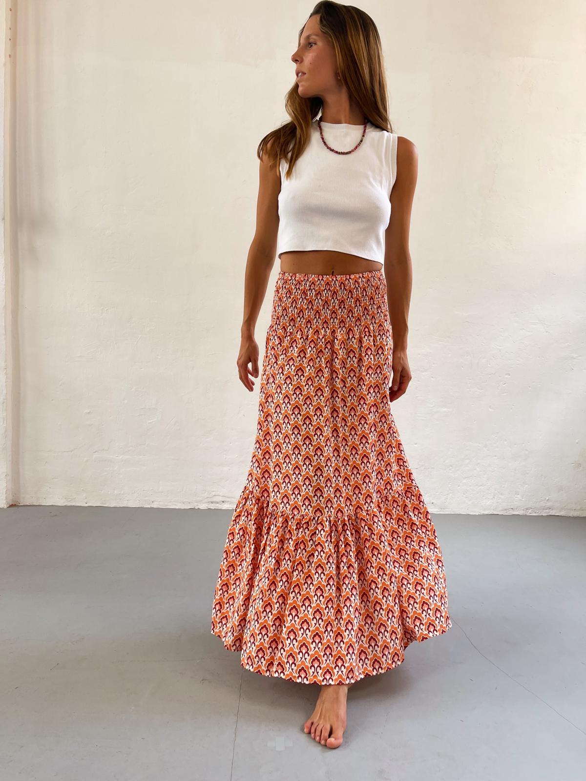 Falda Flores Naranja™ | Falda Larga con Estampado Floral y Comodidad Bohemia